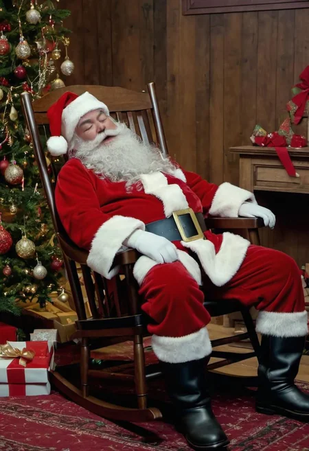 masterpiece, 8k, raw, 50yo Santa Claus napping on rocking chair, eyes closed, exhusted from decorating living room with Christmas decors, christmas tree, ribbon, christmas cards, presents, extreme festive,
