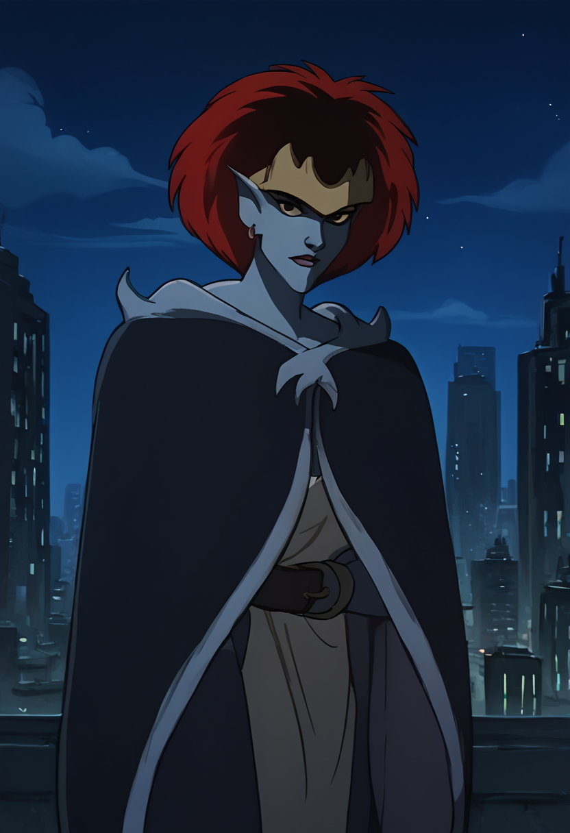 <lora:DemonaPony1.0:1.0>Demona, solo, red hair, cape, 1girl, female focus,short hair,  score_9, score_8_up, score_7_up, score_6_up, score_5_up, score_4_up, looking at viewer, city, cityscape, night, night sky,