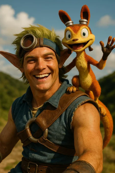 a realistic candid photograph of jak and daxter with cinematic lighting and sharp imagery. The image is a stunning still-shot photo of a happy moment showcasing a joyous time of friendship. The image has a clean dynamic angle, with an almost semi-foreshortening effect akin to a professional go-pro image. The image is not uncanny, nor are the characters disproportioned or midgetlike.