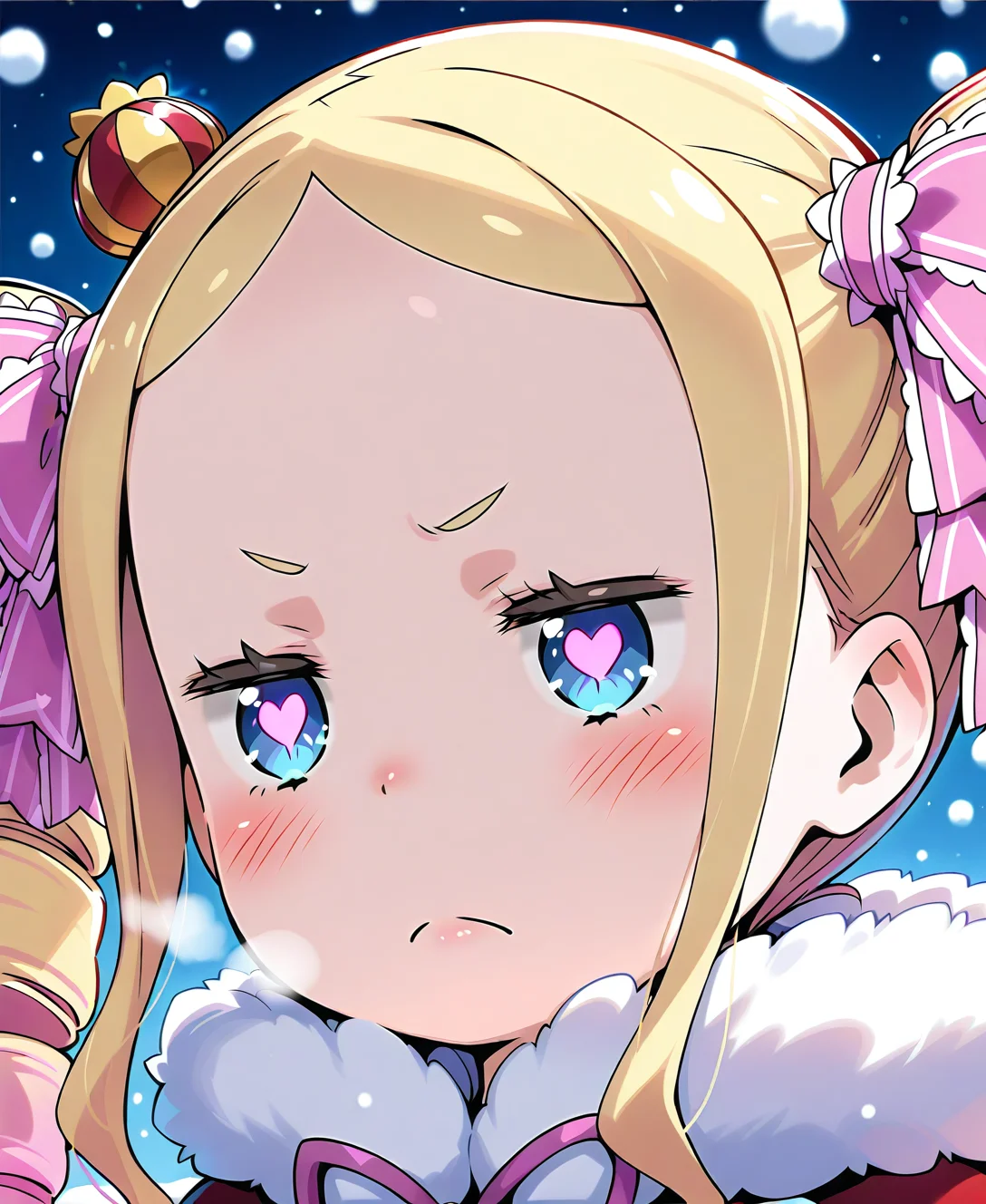 beatrice_re_zero, girl, long_hair, blush, blue_eyes, blonde_hair, ribbon, closed_mouth, hair_ribbon, sidelocks, heart, v-shaped_eyebrows, symbol-shaped_pupils, fur_trim, frown, heart-shaped_pupils, portrait, christmas, close-up, snow, pink_ribbon, <lora:se_beatrice_re_zero:1>