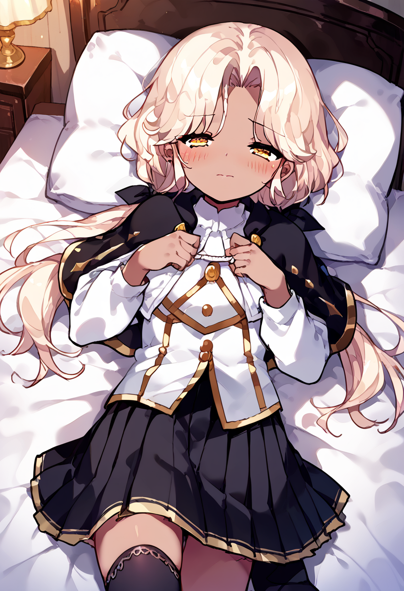 score_9,score_8_up,score_7_up,source_anime,zPDXL3,fantasy,bedroom,on bed,
*//*,<lora:ArchMageFP_Pony:1>,archmage_fp,1girl,solo,dark skin,dark-skinned female,blonde hair,twintails,low twintails,long hair,yellow eyes,black thighhighs,black skirt,pleated skirt,capelet,brown footwear,striped,
*//*,looking at viewer,cowboy shot,dutch angle,(game cg,moody lighting,cinematic lighting:1.2),night,novel illustration,bedroom,nervous,blush,half-closed eyes,lying,on back,(half undress,undressing:1.2),