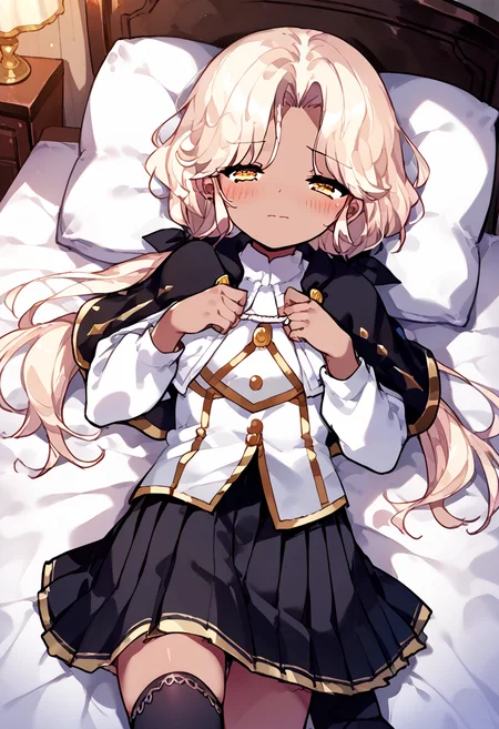 score_9,score_8_up,score_7_up,source_anime,zPDXL3,fantasy,bedroom,on bed,
*//*,<lora:ArchMageFP_Pony:1>,archmage_fp,1girl,solo,dark skin,dark-skinned female,blonde hair,twintails,low twintails,long hair,yellow eyes,black thighhighs,black skirt,pleated skirt,capelet,brown footwear,striped,
*//*,looking at viewer,cowboy shot,dutch angle,(game cg,moody lighting,cinematic lighting:1.2),night,novel illustration,bedroom,nervous,blush,half-closed eyes,lying,on back,(half undress,undressing:1.2),