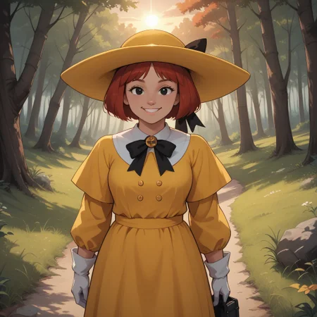score_9, score_8, BREAK, solo, Madeline_Fogg, 1girl, solo, cute, black eyes, yellow hat with a black hair bow, yellow school dress, white gloves, red hair, socks, black shoes, self portrait, smile, looking at viewer, outdoors, sunlight, shadows, evening lighting, natural lighting, forest, trees, grass, orange sky, sunset