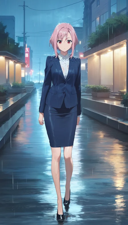 score_9,score_8_up,score_7_up,
<lora:yoshinokoharu:0.8>,
yoshinokoharu,animated,
1girl,solo,
pink hair,short hair,bangs,
red eyes,looking at viewer,
blue blazer,white shirt,blue pencil skirt,wet hair, wet dress,
black shoes,
full body,walking,
outdoors,cityscape,night,light particles,downtown,rain,