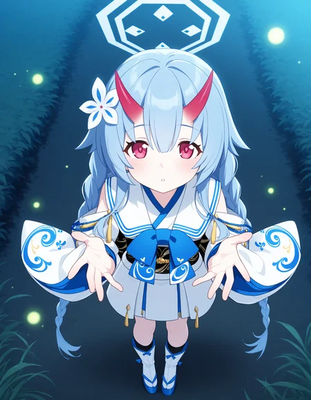 absurdres,highres,masterpiece,best quality,amazing quality,official anime artwork,outdoors,
night,standing,reaching out,dynamic pose,fireflies,
from above,full body,
BREAK <lora:Chise_BA_illuV01_b3g2c08:1:1:lbw=1,1,1,1,1,1,1,1,1,1,0,0>,Chise_BA,
blue hair,very long hair,twin braids,very long braids,sidelocks,hair between eyes,hair flower,white flower,red eyes,
red gradient oni horns,blue octagon halo,blue bowtie,print bowtie,
white sailor collar,blue trim on collar,blue lapels,japanese clothes,white kimono,detached sleeves,black bridal gauntlets,
white long sleeves,wide sleeves,layered sleeves,print sleeves,floral print,blue ribbon,
black obi,
black back bow,
white pleated skirt,yellow tassel,
black socks,white tabi,ribbon-trimmed tabi,okobo,