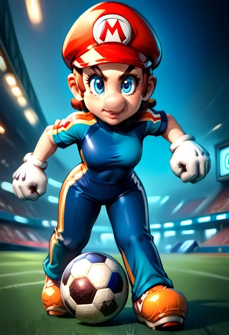 <lora:MtF_Genderswap:1>, genderswap \(mtf\), Mario, facing forward, mario hat, adult woman, extremely large nose, extremely bulbous nose, very wide face, circular head shape, wide chin, wide jawline, brown hair, lightly curly hair, shoulder length hairstyle, blue eyes, average bust, wide hips, super crown, soccer ball, sportswear, soccer uniform, red and blue clothing, fully clothed, zPDXL, score_9, score_8_up, score_7_up, score_6_up, score_5_up, score_4_up,
full body render, full body, photorealistic image, realistic image, high quality, detailed face, realistic human proportions, detailed clothes,