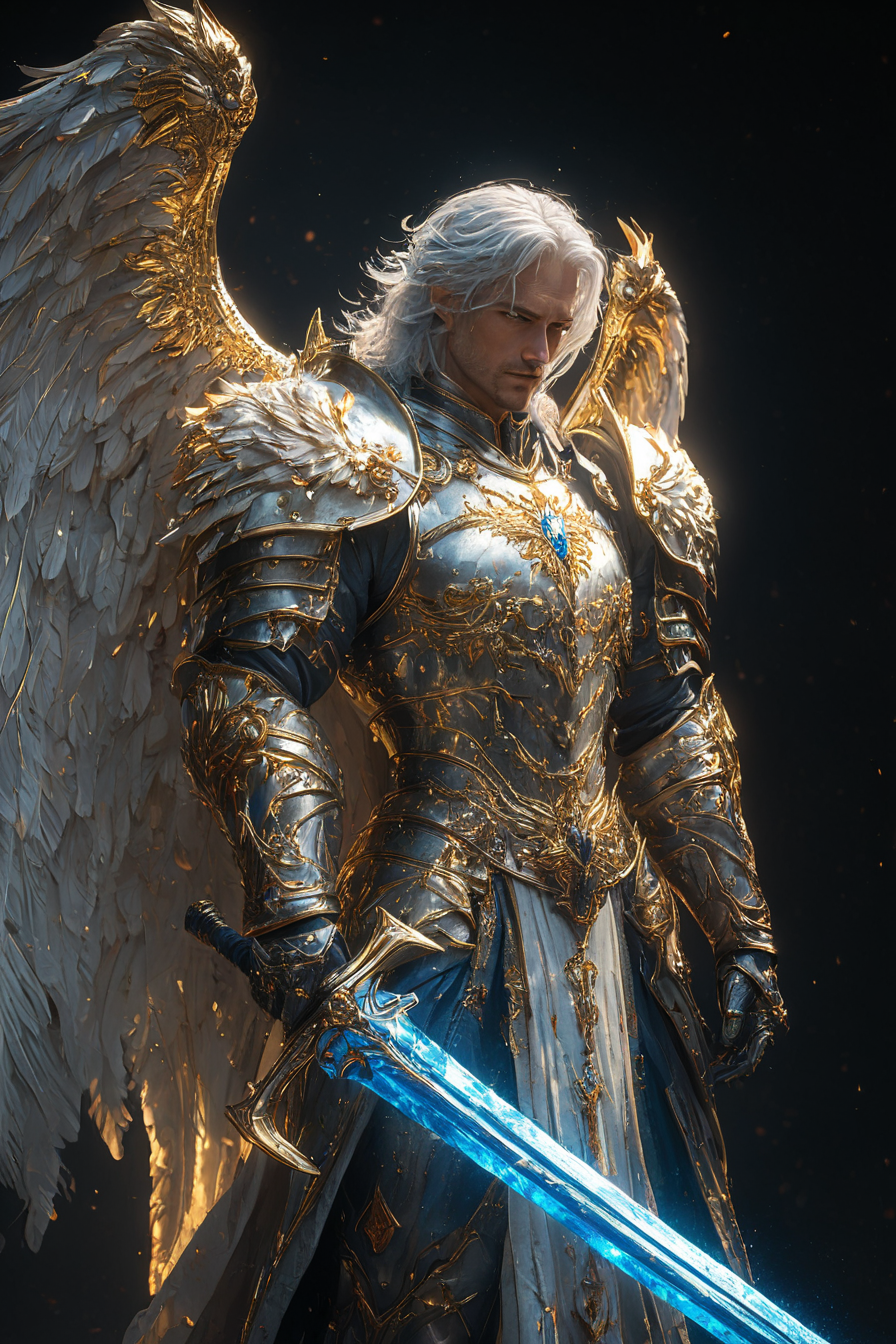 A white-haired man in the form of an angel with large wings, wearing golden armor and holding blue glowing sword, full body shot, HKStyle, masterpiece, best quality, highly detailed, sharp focus, dynamic lighting