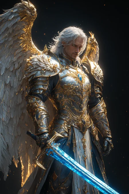 A white-haired man in the form of an angel with large wings, wearing golden armor and holding blue glowing sword, full body shot, HKStyle, masterpiece, best quality, highly detailed, sharp focus, dynamic lighting