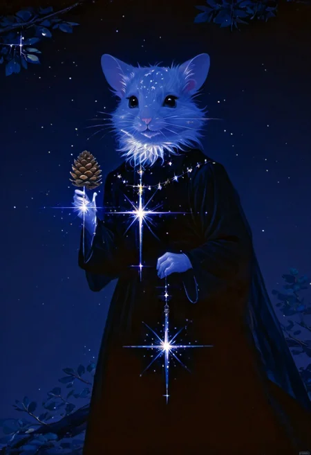 (a mice), red pupil, (in black european style palace clothes medieval glittering:1.7), stretches from a birch tree trunk, (hold up a giant holy pinecone:1.9), against a soft-focus black background, (detailed claw), (aaar7gl), (sparkle:1.9), (night), (very dark environment), moon, (gleam:1.9), painting, drawing, 8k uhd, dslr, soft lighting, best quality, film grain, masterpiece, aesthetic, (animal focus, no human:1.6), (open mouth:1.7), blinking starry sky, crown, jewelry,