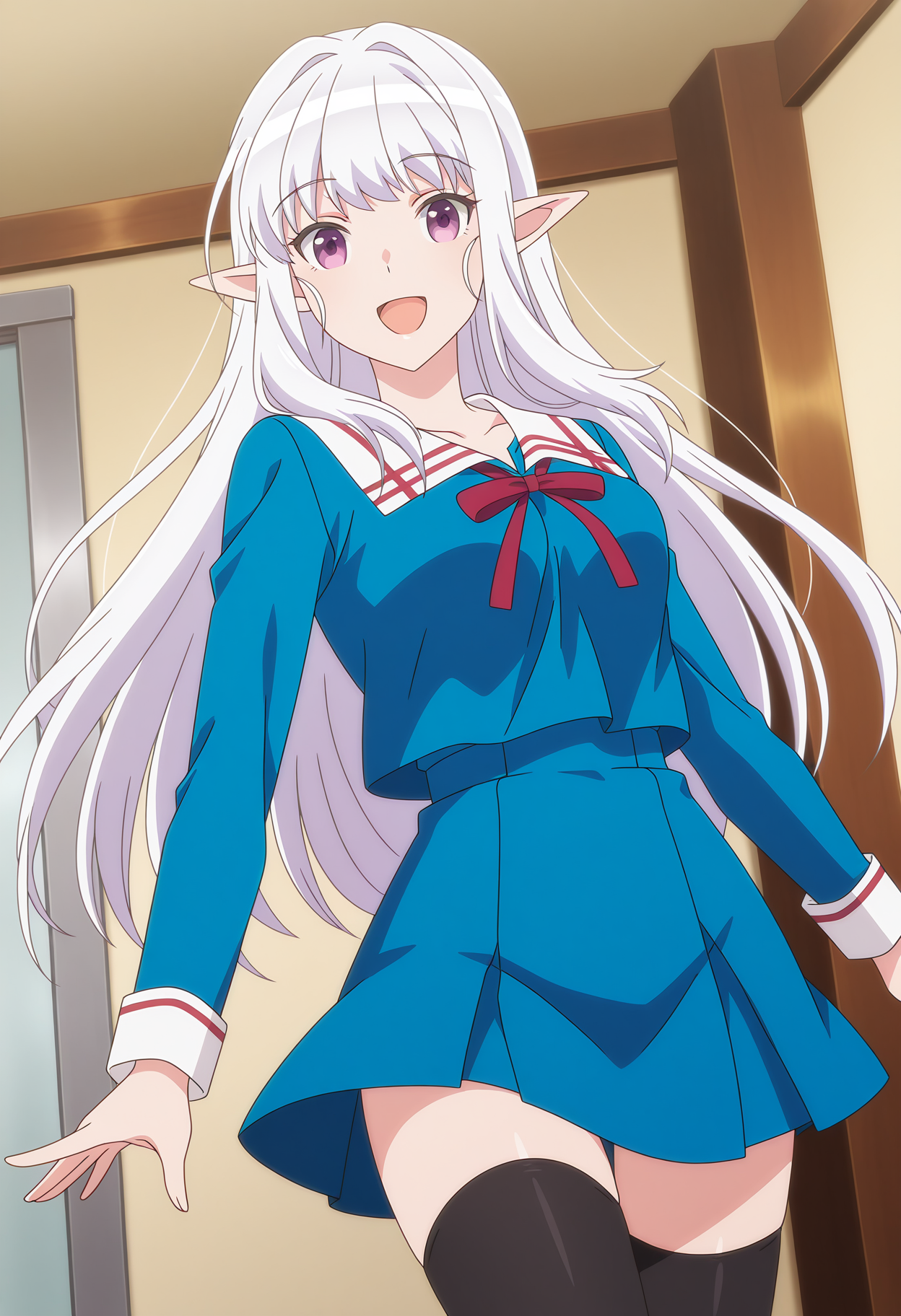 <lora:Mariabelle_illustrious-000040:1>,Mariabelle_one,solo,pointy ears,purple eyes,long hair,open mouth,smile,white hair,looking at viewer,school uniform,:d,blue shirt,long sleeves,darkblue skirt,black thighhighs,cowboy_shot