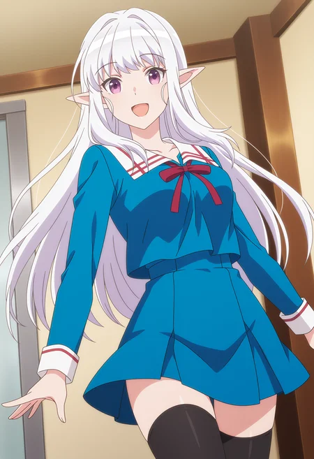 <lora:Mariabelle_illustrious-000040:1>,Mariabelle_one,solo,pointy ears,purple eyes,long hair,open mouth,smile,white hair,looking at viewer,school uniform,:d,blue shirt,long sleeves,darkblue skirt,black thighhighs,cowboy_shot