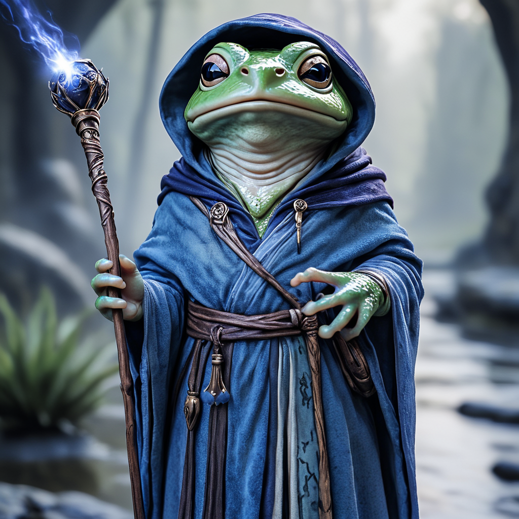 <lora:AnthropomorphicSDXL:1> Anthropomorphic, cinematic setting, The image shows a frog dressed in a blue robe holding a wand in its hand standing in front of a blurred background., staff, holding, solo, hood, holding staff, robe, cloak, blurry, male focus, standing