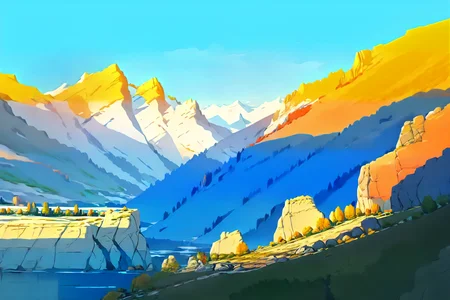 graphic novel flat colors style, cropped detail, fine intricate lineart, hatched shadows, illustration of a magical landscape,   BREAK Glacier, Jagged Alpine Peaks and Rugged Valleys  day,    <lora:Detailed_Places_R-128_v1:1>   <lora:LittleFresh15:1>  <lora:flat illustration:0.8> flat illustration