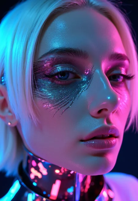 Create a hyper-realistic, close-up portrait of a woman with short, striking white hair—expertly side-faded and trimmed to convey a futuristic aesthetic. Her gaze, partially veiled by half-closed eyelids, exudes a serene yet powerful presence, inviting an air of strength and mystery. On the left side of her face, an intricately detailed chrome mold seamlessly blends into her skin, partially covering her left eye. This chrome mask is crafted with over 10,000 razor-thin lines, extending outward in rigid, metallic formations that evoke a liquid-metal effect, like molten strands suspended mid-motion. The surface of the chrome is polished to a high gloss, capturing and refracting surreal glows of neon blue and magenta, lending a dreamlike, ethereal quality.
Embedded within the chrome mold, delicate sparkles enhance its otherworldly feel, while certain areas appear semi-solid, dripping fluidly down her cheek in a mesmerizing display of technological fusion with organic form. Around the edges of the chrome, subtle holographic projections flicker with pulsating neon symbols and shifting geometric shapes, adding dynamic layers of surrealism. These holographic details appear to hover just above her skin, giving the impression of an advanced, living interface.