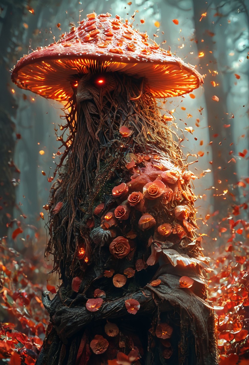score_9, score_8_up, score_7_up, score_6_up, score_5_up, score_4_up, hknature, masterpiece, best quality, highly detailed, sharp focus, dynamic lighting, majestic look and feel, mesmerizing, artstation, deviant art, subject: a women's face. Subject: a cinematic profile view of the wizard, Radagast the Brown from The Lord of the Rings Book Series, in the woods. Description: the wizard's hat is but a giant mushroom whose pores are glowing mystically. He has a long beard. His wizard's ability to camouflage himself with the nature made him appear to be made of twigs and vines which is covered with rose flower and rose petals. The only thing that giving it all away is his eyes which glowing rhythmically with the mushroom hat. The background is magestic and serene. BREAK Make the whole cinematic frame a slow motion dramatic capture which should give the audience and viewers goosebumps.