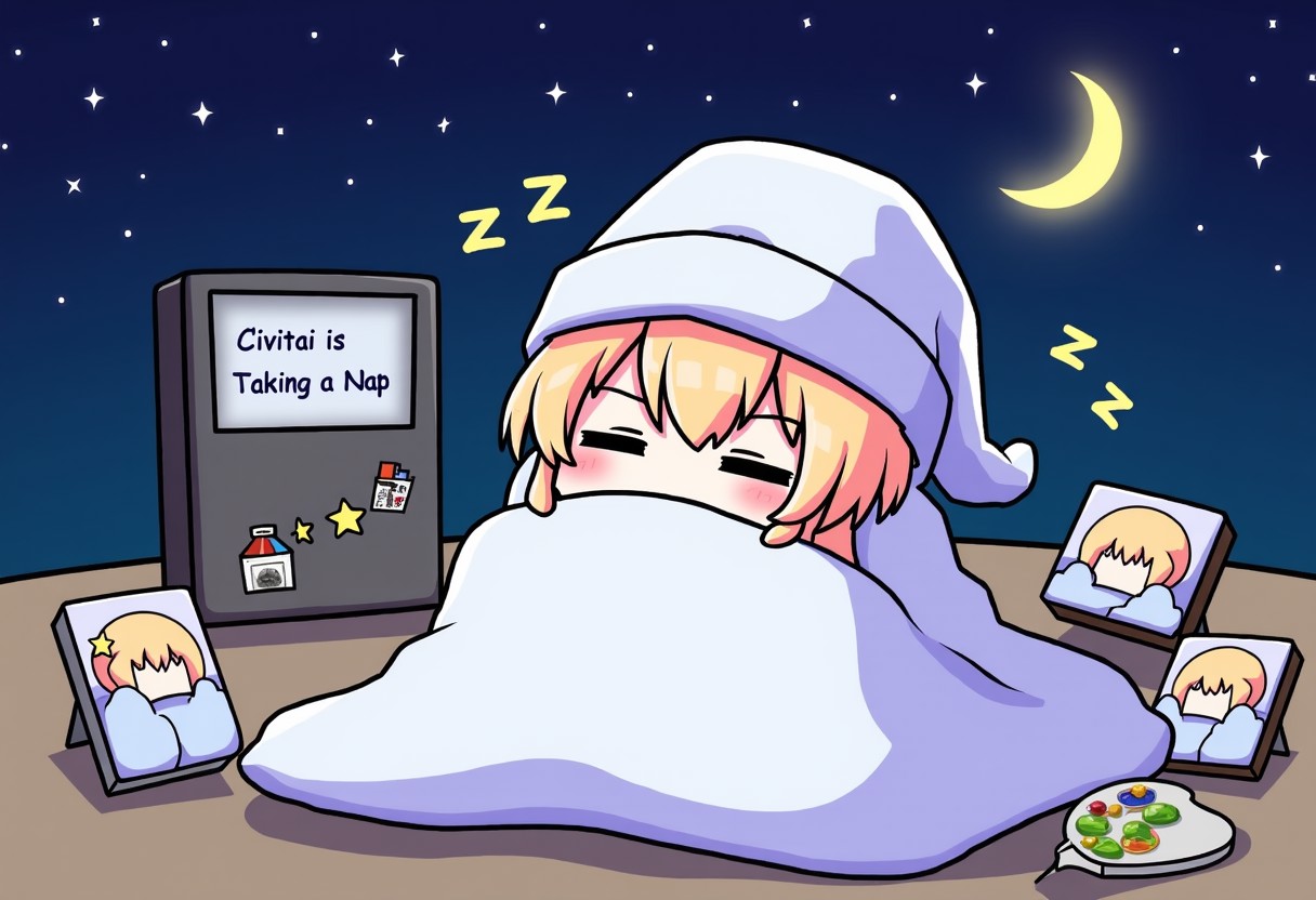 A high-resolution, cartoonish image of an anthropomorphized image generator with big, sleepy eyes and a cute snoring expression. The generator is covered with a cozy blanket and wearing a nightcap. Surrounding the generator are various image elements (like paintbrushes, palettes, and tiny canvas paintings) also "asleep" with Zzzs above them. The screen of the generator displays "Civitai is Taking a Nap" in playful text. The background features a dreamy night sky with stars and a crescent moon, creating a whimsical and relaxing atmosphere.