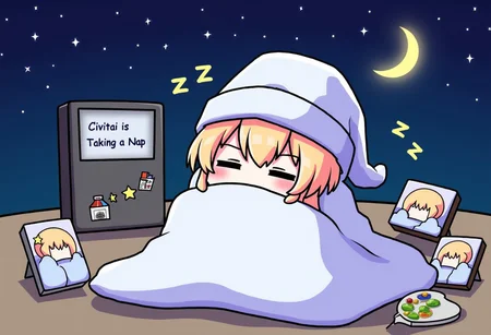 A high-resolution, cartoonish image of an anthropomorphized image generator with big, sleepy eyes and a cute snoring expression. The generator is covered with a cozy blanket and wearing a nightcap. Surrounding the generator are various image elements (like paintbrushes, palettes, and tiny canvas paintings) also "asleep" with Zzzs above them. The screen of the generator displays "Civitai is Taking a Nap" in playful text. The background features a dreamy night sky with stars and a crescent moon, creating a whimsical and relaxing atmosphere.