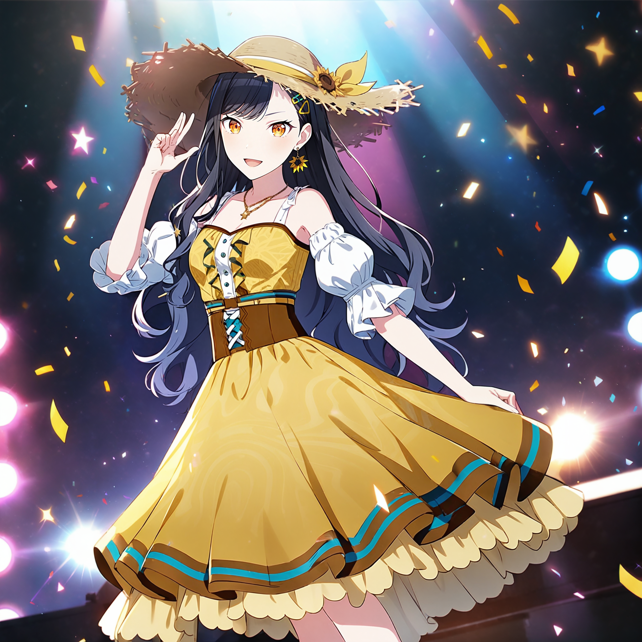 1girl, shiraishi an, project sekai, masterpiece, very aesthetic, absurdres, official art,
loving sunflower, solo, black hair, black and royal blue gradient hair, long hair, orange eyes,
(looking viewer:1.4), :D, two finger salute, hand up, cowboy shot, contrapposto, (legs apart:1.2), dutch angle,
hairclip, star hair ornaments, sunflower earring, BREAK
straw hat, jewelry, dress, necklace, detached sleeves, puffy sleeves, puffy short sleeves, sun hat, bare shoulders, yellow dress,  collarbone, ribbon, frills, off-shoulder dress, belt, frilled dress, hat ribbon,
idol stage, stage light, neon light, confetti-flurry, psyllium, auditorium is filled with spectator,
<lora:sdxl-vbs-LovingSunflower03:0.85:lbw=0,0,0.2,0.2,0,0.4,0.4,0,0.8,0.8,0,0,0,0.8,0.8,0.6,0.8,0.0,0.0,0.0,0,0,0,0,0,0>