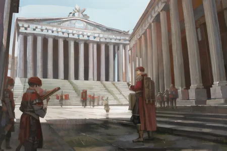 a painting of a roman soldier standing in front of a building with columns and columns on it's sides