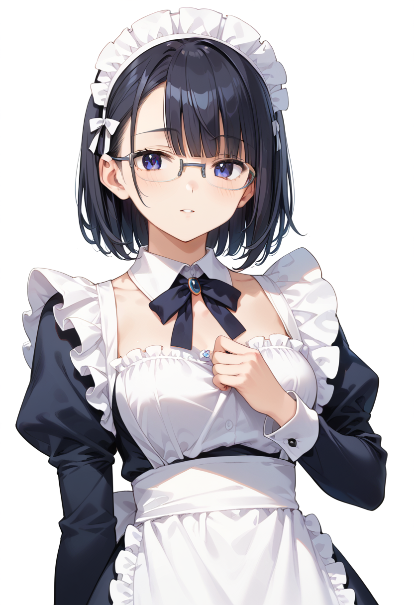 score_9, score_8_up, score_7_up, rating_safe, masterpiece, best quality, absurdres, unity 8k wallpaper, official art, official style, source_anime, uncensored, game cg, megami magazine,
1girl, solo, black hair, medium hair, upper body, covered eyes,maid, maid headdress, black dress, maid apron, face focus,
halfrim22A,  still life, white background, simple background, grey-framed eyewear,
 <lora:glasses_halfrim22A_PONY_V1:1>