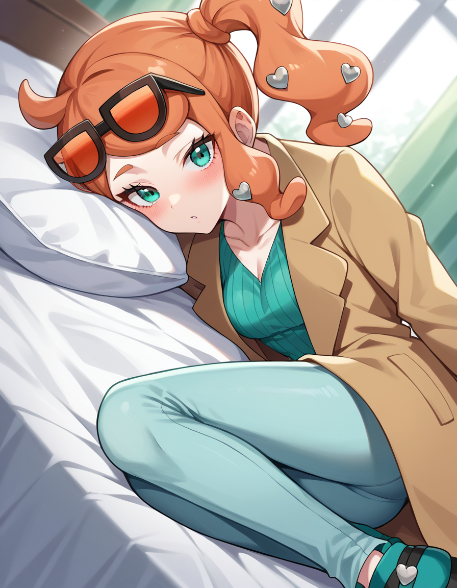 score_9, score_8_up, score_7_up, source_anime,
pokemonsonia, <lora:pokemon-sonia-ponyxl-lora-nochekaiser:1>
pokemonsonia, aqua eyes, heart, heart hair ornament, long hair, long sleeves, orange hair, side ponytail, swept bangs,
aqua footwear, aqua nails, aqua shirt, brown coat, brown jacket, coat, collarbone, eyewear on head, jacket, long sleeves, orange-tinted eyewear, pants, ribbed shirt, shirt, sunglasses, tinted eyewear,
indoors, bed, bed room, on side, blush, drunk,
looking at viewer, cowboy shot, dutch angle,
