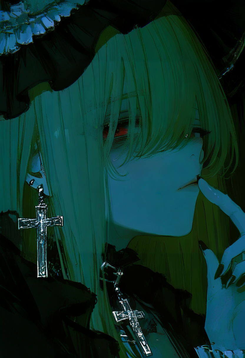 1girl, cross, solo, jewelry, earrings, cross earrings, black nails, red eyes, looking at viewer, hat, hair between eyes, long hair, closed mouth, black headwear, fingernails, portrait, blonde hair, finger to mouth, bangs <lora:748cmXL_NBVP1_lokr_V6311PZ:0.95>