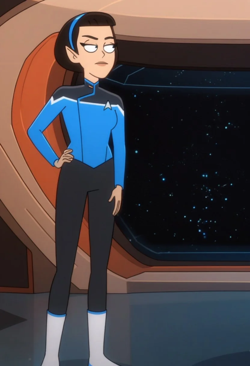 Score_9_up, score_8_up, score_7_up, BREAK 1girl, solo, tlynstld, pointy ears, short hair, black hair, blue hairband, blue turtleneck shirt, black pants, white boots blue trim, hand on hip, spaceship