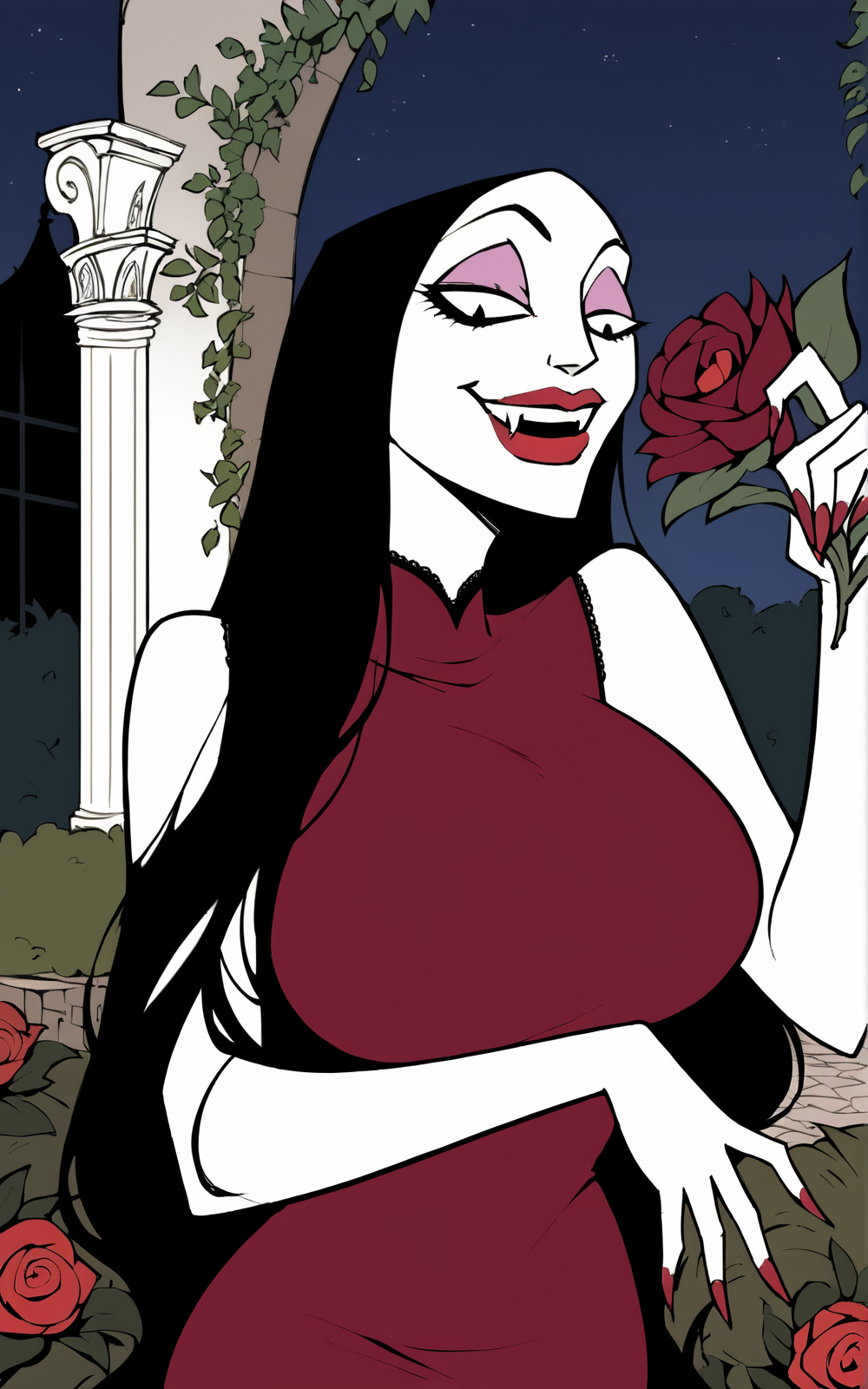 score_9, score_8_up, score_7_up,((best quality)), absurdres,  <lora:3d-2d:0.8>,    <lora:VeraDraculaPXL:0.9>,VeraDraculaPXL,long hair, black hair, red nails, breasts,large breasts, fingernails, white skin,makeup,lipstick, black eyes,fangs,dress, red dress, sleeveless, turtleneck, skin tight,slim, garden, victorian, mansion,outside,flowers, night,holding flower