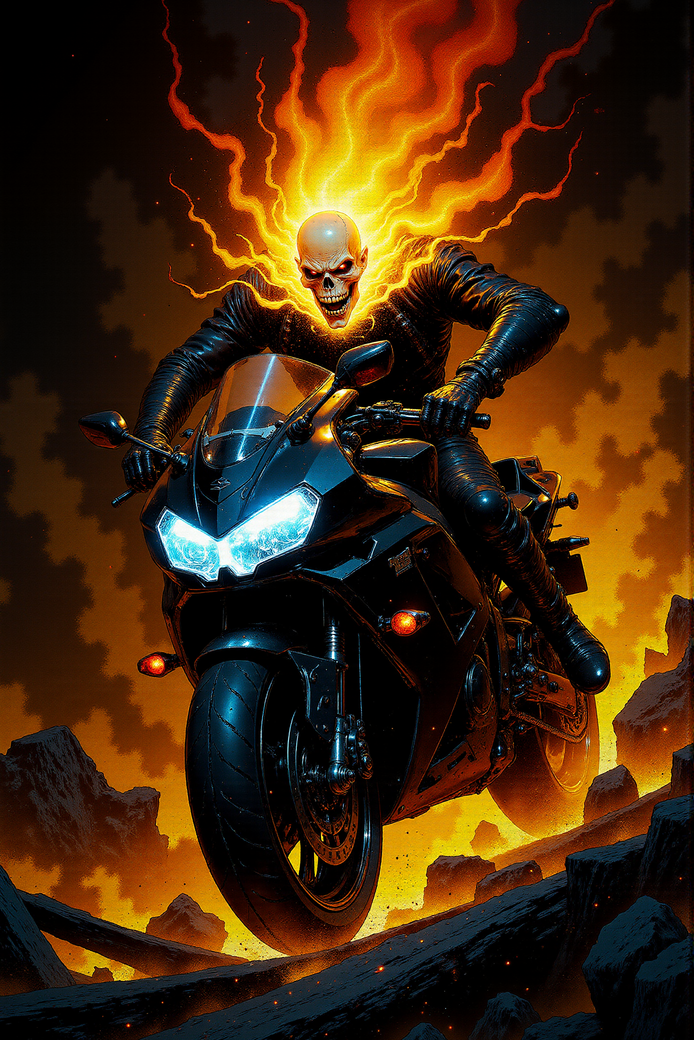 <lora:FANCHA_v.4:0.99> Fancha style.   This artwork showcases an intense, fiery scene of a spectral figure with a flaming skull, engulfed in swirling flames and smoke. The character, clad in a dark, leather-like suit adorned with spikes and chains, exudes a formidable presence as he grips the handlebars of a reflective black Suzuki Hayabusa, which creates bright glints on its chromed parts. Biker's skeletal face, enveloped in an inferno of orange and yellow volumetric flames, bears an expression of relentless fury, with hollow eyes and a mouth twisted in a menacing grin. The flames cascade upward, forming a blazing halo that adds to the sinister, supernatural aura of the figure. The Suzuki Hayabusa itself is a powerful, high tech machine with sleek aggressive design, including xenon-like bright front  headlight that glows with an intense, high temperature bluish searing light. Black metal and chrome components gleam with a mix of polished and reflective textures. The front of the Hayabusa churns up fire instead of dust, as though it's fueled by hellfire, leaving a trail of molten intensity in its wake. The background is an intricate ornate blend of dark shadows and fiery streams, with embers and sparks floating around, amplifying the sense of raw energy and speed. The color palette is dominated by deep reds, oranges, extremely bright bluish-white xenon light and glints, and blacks, reinforcing the infernal atmosphere. The artwork's textured and gritty style, with sharp contrasts, meticulous details and dramatic lighting, gives the scene a visceral, high-energy quality. The combination of horror and sci-fi embodied in the ghostly biker on hoverbike from the future creates a powerful visual of vengeance, power, and unstoppable force, making the image feel both original and iconic.