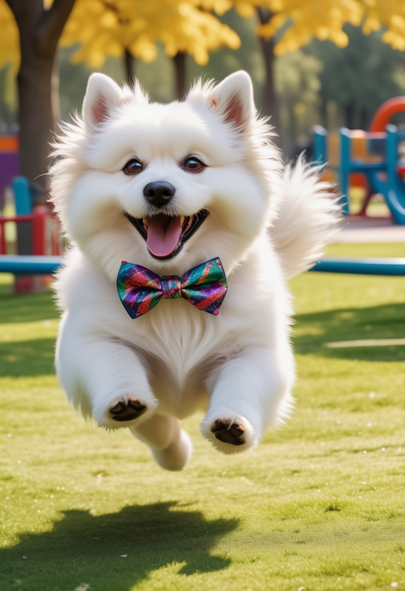 (medium full shot) of (intelligent dog) with white thick fur, a bowtie, performing barking happily, set in  a vibrant park, with colorful playgrounds, happy families, running dogs, and a lively environment, Masterpiece,best quality, photo, realistic, very aesthetic,
