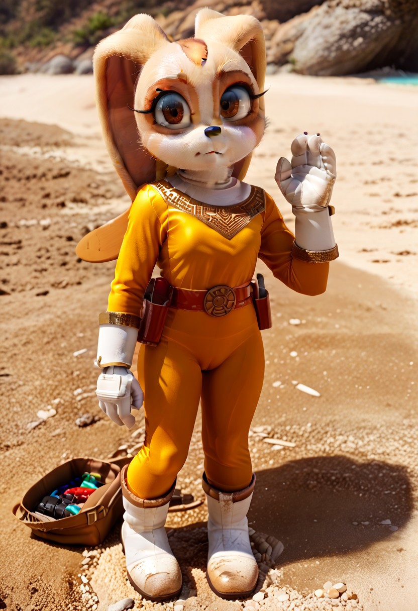 score_9, score_8_up, score_7_up,     , masterpiece, beautiful, 1 girl, wide hips, solo, crouching, warm light style,
Cream the rabbit, 1girl, solo, anthro, furry, female, furry female,animal nose, furry, cute, 
yellowzeoranger, Tight suit,shiny gold elements, gold belt, vibrant color, golden wrist guards, white boots,yellow colored suit,Holster,white gloves,
, beach, knee bend, hands on the ground, sand on body, dirty suit, empty handed, standing,