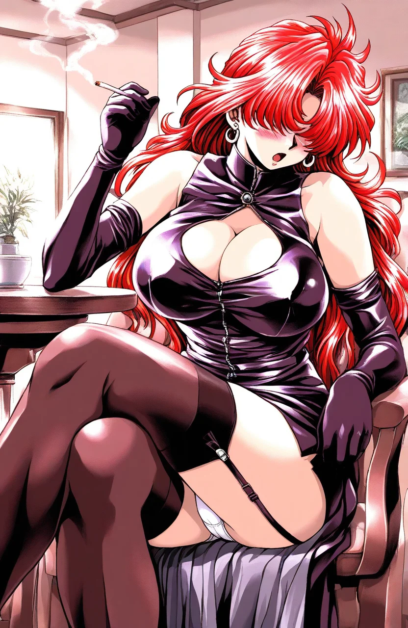 general,highres, ultra-detailed,very aesthetic,best quality ,best hands, BREAK<lora:Takeda_Eriko_YU-NO_IS:1> Takeda_Eriko(YU-NO),1girl, solo, red hair, large breasts, red eyes, long hair, huge breasts, hair over eyes,
thighhighs, gloves, cleavage, elbow gloves, earrings, jewelry, sitting, crossed legs, panties, underwear, pantyshot, open mouth, blush, cigarette, table, black thighhighs, garter straps, cleavage cutout, smoking, white panties, dress, latex, clothing cutout, looking at viewer, black gloves