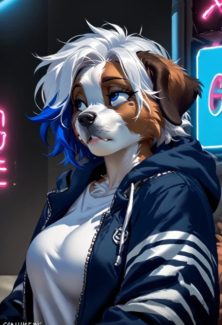 score_9, score_8_up, score_7_up, (by kittydee:1.5), (by jailbird:1.5), (by zummeng:1.5), masterpiece, best quality,
(Furry Art: Anthro: Saint Bernard:1.5), 1girl, expressive eyes, feminine eyes, perfect face, feminine face, dog, canine, multicolored fur, brown fur, white fur, black fur, black fur spots around eyes, floppy ears, (large breasts), perfect face, blue eyes, (multicolored hair), (white hair with neon blue highlights:1.5), (mohawk hair), (t-shirt), jacket,