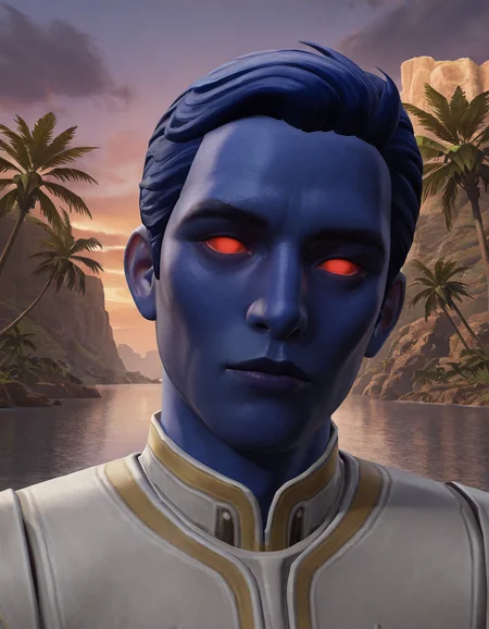 cinematic_depth, 8k, soft_lighting, warm_glow, ultra_high_quality, masterpiece, best quality, newest, perfect quality, best quality, detailed background, intricate details, male focus, realistic, <lora:SWTOR - Aristocra Saganu - Illustrious-000004:0.7>, swtor_saganu, 1boy, chiss, blue hair, very short hair, blue skin, red sclera, no pupils, glowing eyes, tunic, looking at viewer, outdoors, palm trees, water, cliffs, evening, cloudy sky, banners, plants, portrait, head tilt