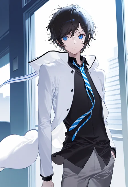 masterpiece,best quality,very aesthetic,absurdres,artist:rella,fajyobore,[[yoneyama mai]],[[ask (askzy)]],redum4,saihate (d3),miwano rag,[[[mignon]]], 
1boy, solo, male focus,
protagonist \(devil survivor 2\), black hair, short hair, blue eyes,
white jacket, hooded jacket, black shirt, striped necktie, grey pants, rabbit hoods,
school, no emotion,
 <lora:ds2_protagonist.ilxl:1> <lora:hand 5.5:1>