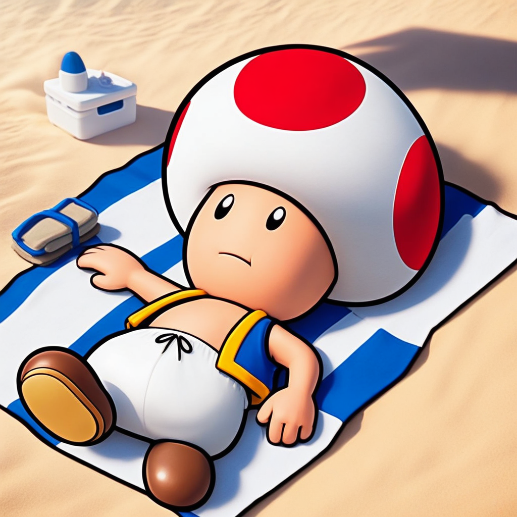 ToadCharacter, 1boy, solo, mushroomhat, black eyes, vest, white pants, brown shoes, laying, beach, towel