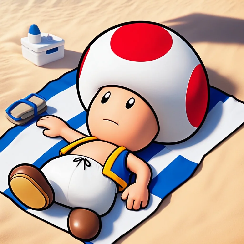 ToadCharacter, 1boy, solo, mushroomhat, black eyes, vest, white pants, brown shoes, laying, beach, towel