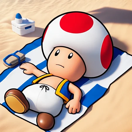 ToadCharacter, 1boy, solo, mushroomhat, black eyes, vest, white pants, brown shoes, laying, beach, towel