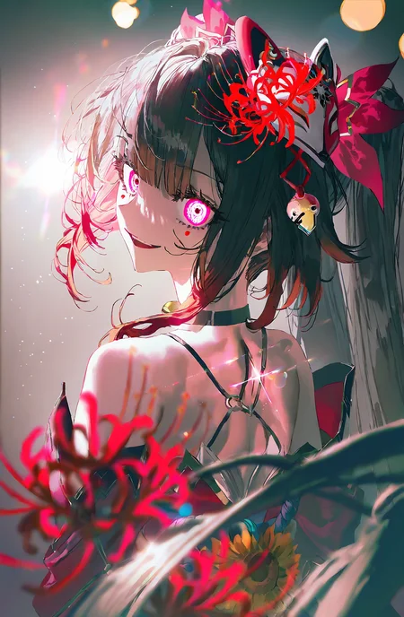 (((sparkle(honkai:star rail) ))),((artist:betabeet)),artist:john_kafka,artist:nixeu,artist:quasarcake,redum4,saihate_(d3),fajyobore,[[yoneyama mai]],[[ask_(askzy)]],[[[mignon,miwano rag]]],year 2024,year 2023,extremely exquisite female facial description,eye reflection,colorful,detailed light,light leaks,sunlight,shine on girl's body,bokeh,blurry foreground,ray tracing,lens flare,cinematic lighting,sunflower,spider lily,layered flower,looking back,turning head,from behind,crazy smile,crazy eyes,