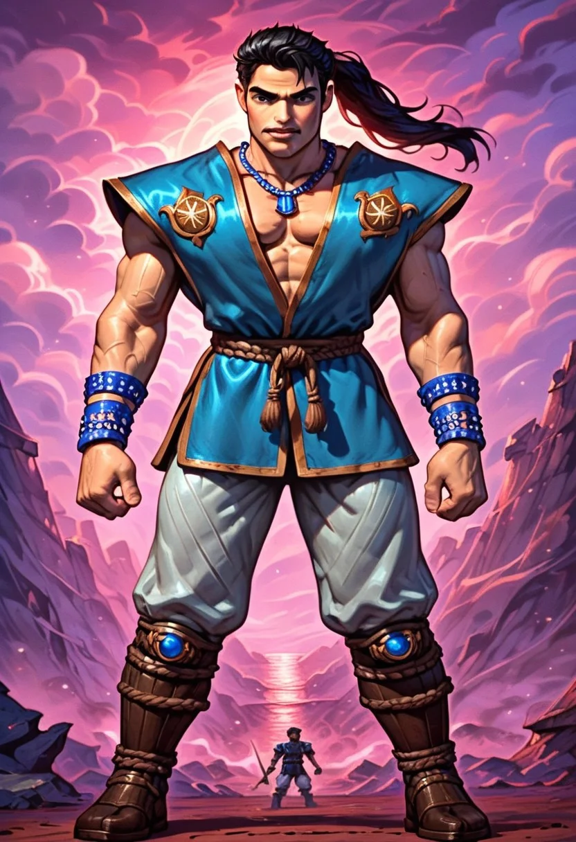 DonMC0m1cM4g1cXL, (dark, fantasy, magical, eerie) score_9, score_8_up, score_7_up, score_6_up, Kaze_Primal, black eyes, black hair, long hair, ponytail, blue gi-esque garment, brown lining, brown belt, two brown medallions on the chest, white pants, brown boots, armored boots, Kogake, necklace, wristbands , katanal, BREAK, background, plain, purple sky