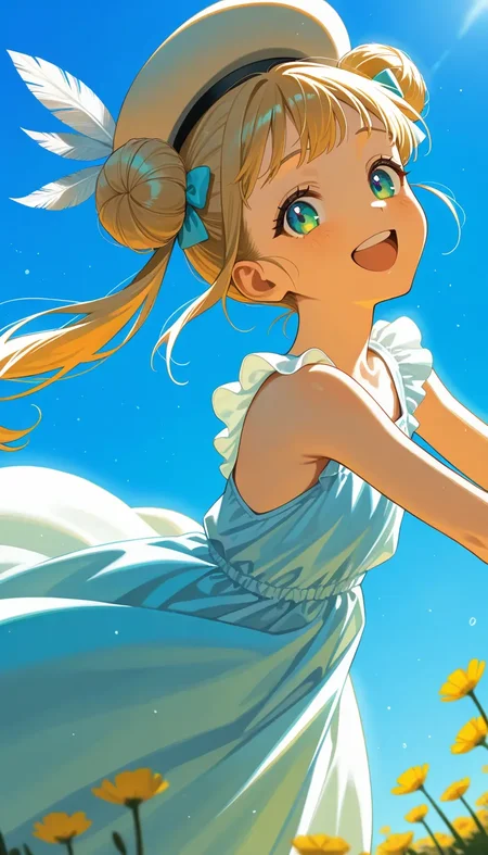 (masterpiece, best quality), safe, amazing quality, very aesthetic, absurdres, highres, newest, HDR, 8K, high detail RAW color art, large pupil, eyelashes, 
1girl, solo, multiple color eyes, odd eyes, green eyes, hair bow blonde, twintails, head tilt, :d, tongue, round teeth, happy, jump, summer, dress, double bun, animal, blue eyes, blue sky, border, closed eyes, day, flat chest, flower, hat, hat feather, long hair, open mouth, outdoors, Dutch angle, from side, colored lighting, natural lighting, professional view, professional framework, dramatic lighting, particles,