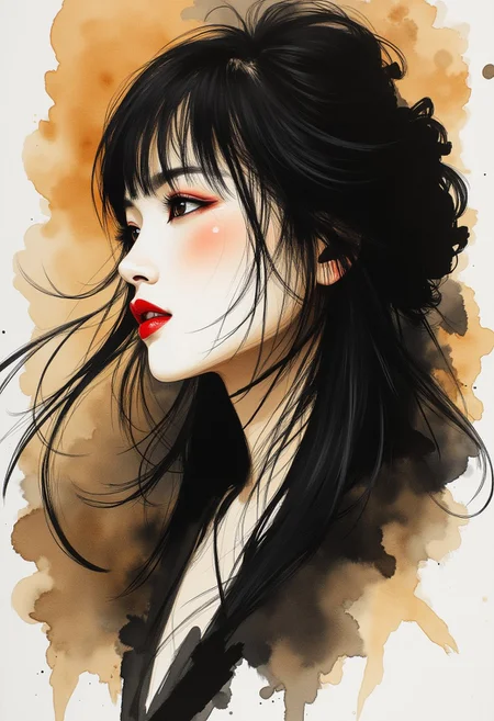 ArsMJStyle, Expressive Watercolor Ink Wash, sepia, henna , inksketch, Silhouette Art, magnificent, dark background, portrait of stunning japanese woman, long dark hair with platinum streaks, sidelocks, bangs, seductive, sultry, lustful, red lips, direct gaze, light hitting one side of face, abstract background