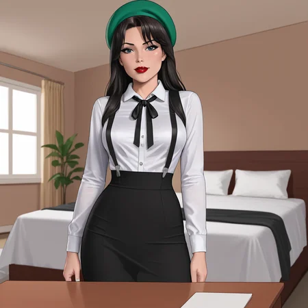 <lora:PhantomLady_pony_v1:.8>PhantomLadyCostume, 1girl,  medium breasts, black hair,  lipstick, makeup, long hair,  cowboy shot,  <lora:0902 Home wear 5_v1_pony:1> ruanyi0902,beret,black ribbon,collared shirt,black pantyhose,high-waist skirt,white shirt,suspenders