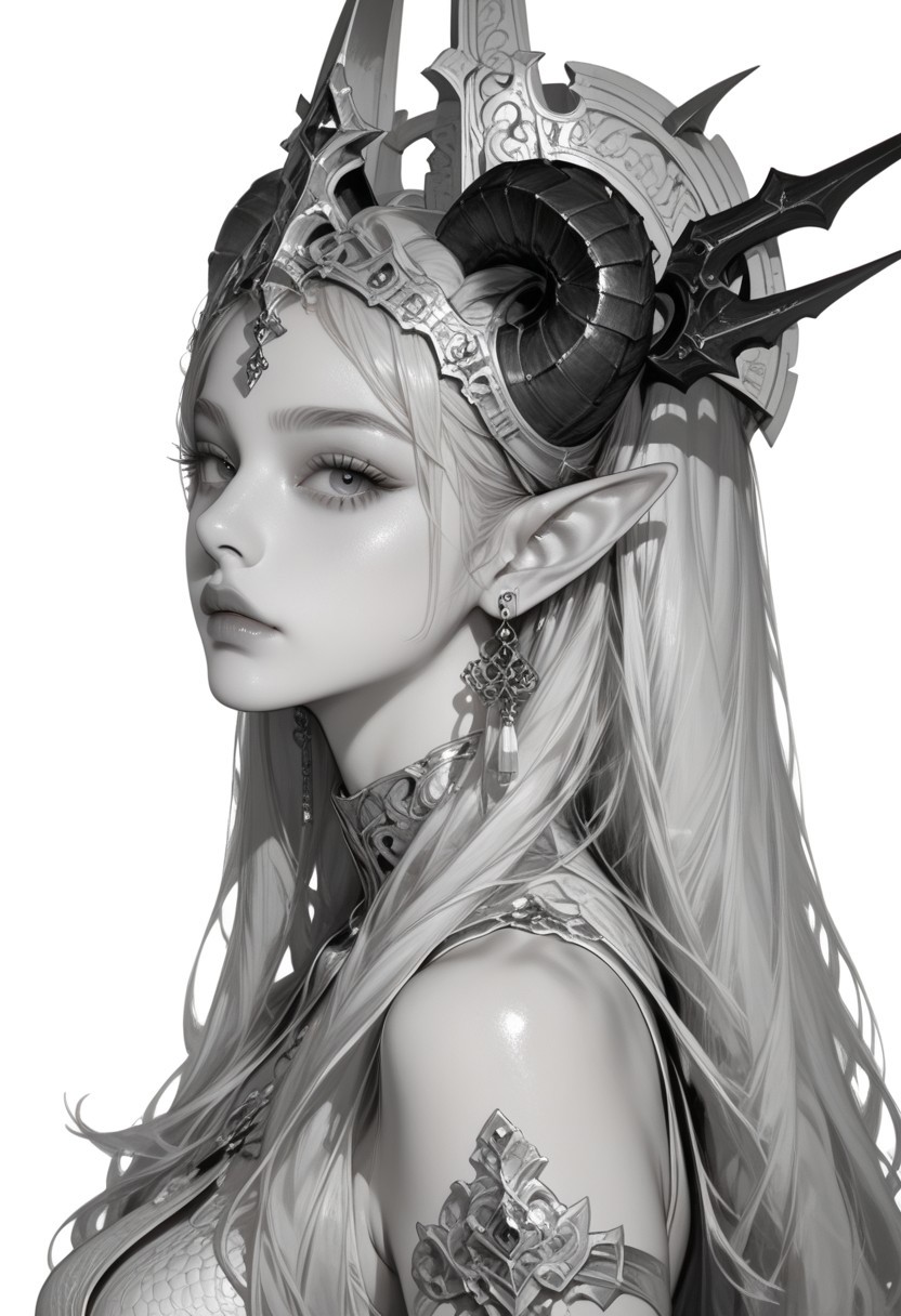 Expressiveh, morimee_style, jsyu_style, 2025. 05, 
(1girl, solo), masterpiece, best quality, newest, highres, absurdres, focused subject, no lineart, no outline, detailed, long hair, looking at viewer, blue eyes, simple background, white background, closed mouth, jewelry, bare shoulders, upper body, white hair, earrings, horns, pointy ears, colored skin, arms at sides, headpiece, scales, castle, monochrome, negative space, blending, white theme, minimalism, from side