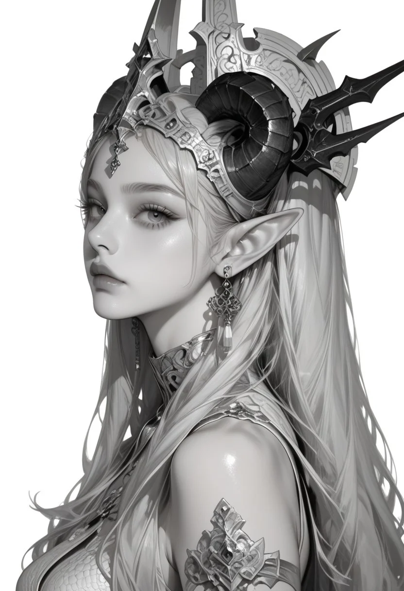 Expressiveh, morimee_style, jsyu_style, 2025. 05, 
(1girl, solo), masterpiece, best quality, newest, highres, absurdres, focused subject, no lineart, no outline, detailed, long hair, looking at viewer, blue eyes, simple background, white background, closed mouth, jewelry, bare shoulders, upper body, white hair, earrings, horns, pointy ears, colored skin, arms at sides, headpiece, scales, castle, monochrome, negative space, blending, white theme, minimalism, from side