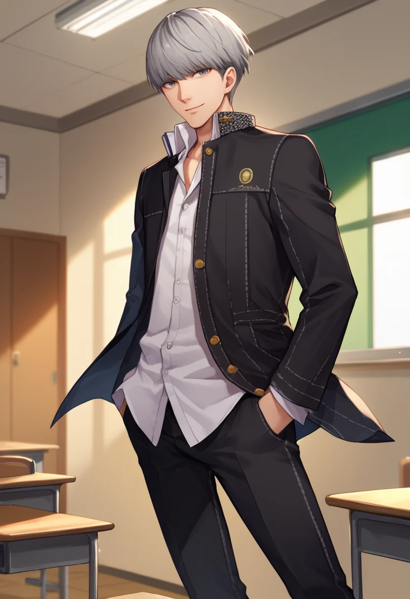 score_9, score_8_up, score_7_up, source_anime, solo, male focus, 1boy, narukami yu, slight smile, looking at viewer, standing, hands in pockets, grey hair, grey eyes, yasogami school uniform, black jacket, open jacket, long sleeves, white shirt, collared shirt, black pants, indoors, classroom <lora:persona4_yunarukami_ponyXL:1>