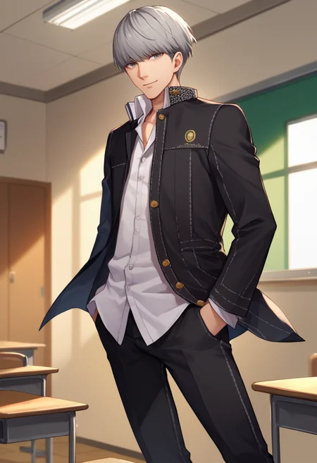 score_9, score_8_up, score_7_up, source_anime, solo, male focus, 1boy, narukami yu, slight smile, looking at viewer, standing, hands in pockets, grey hair, grey eyes, yasogami school uniform, black jacket, open jacket, long sleeves, white shirt, collared shirt, black pants, indoors, classroom <lora:persona4_yunarukami_ponyXL:1>