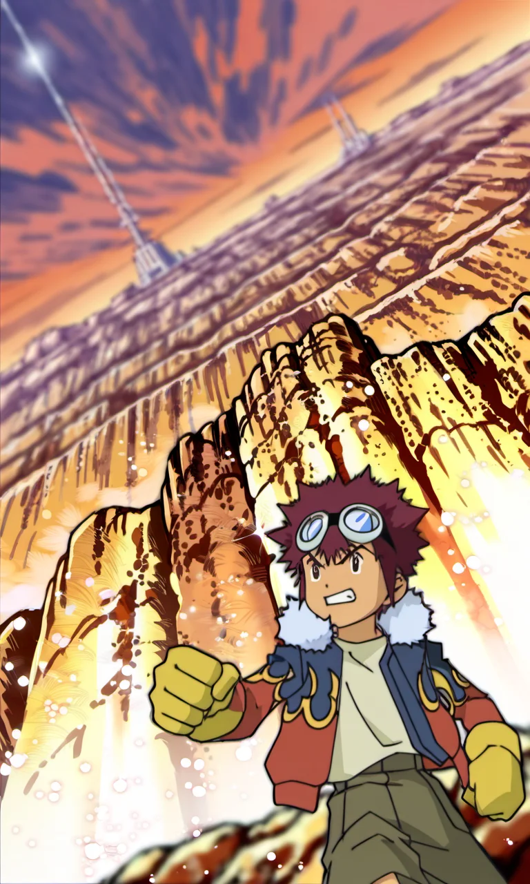 masterpiece, best quality, amazing quality, very aesthetic, high resolution, ultra-detailed, absurdres, newest, scenery, 1boy, male focus,daisuke motomiya, pink hair, light brown eyes, blue with red jacket, beige shirt, fur trim, open jacket, flame print, goggles on head, yellow gloves, brown shorts, black socks, orange footwear,  running, cowboy shot, detailed face, detailed eyes, determined eyes, clenched teeth, solo, BREAK, depth of field, masterpiece, best quality, amazing quality, very aesthetic, high resolution, ultra-detailed, absurdres, newest, scenery, volumetric lighting, BREAK low angle