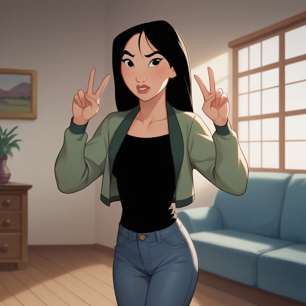 score_9_up, score_8_up, BREAK, MULAN, 1girl, solo, black hair, long hair, black eyes, <lora:FaMulan_PXL_Leaf1:0.8>, indoors, black shirt, open jacket, jeans, living room, double v,