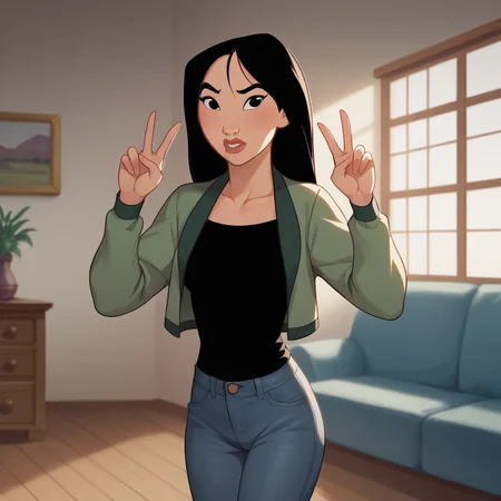 score_9_up, score_8_up, BREAK, MULAN, 1girl, solo, black hair, long hair, black eyes, <lora:FaMulan_PXL_Leaf1:0.8>, indoors, black shirt, open jacket, jeans, living room, double v,